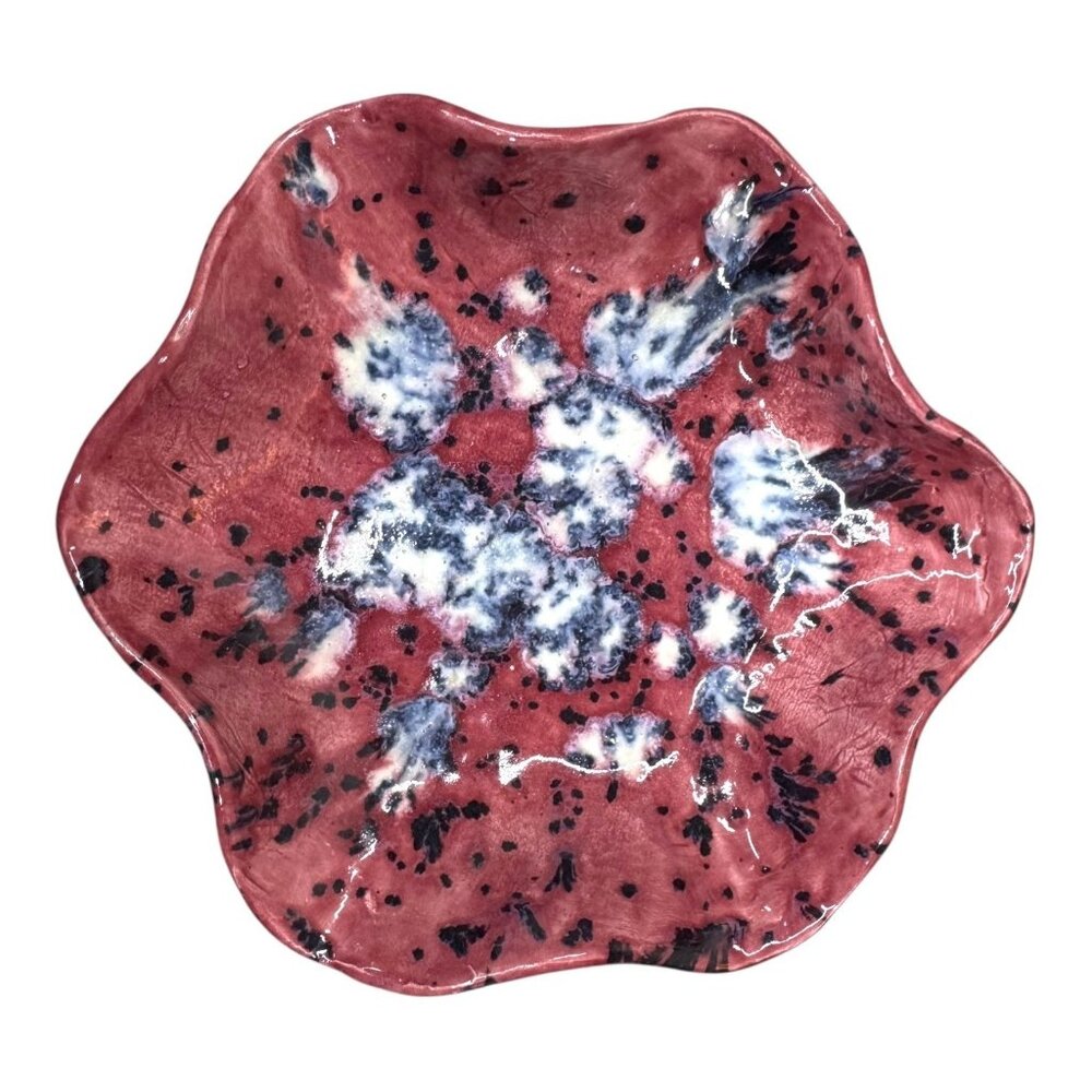 Vintage MCM Abstract Poodle Ruffle Trinket Ring Dish Pink Black Ceramic Boho 7"